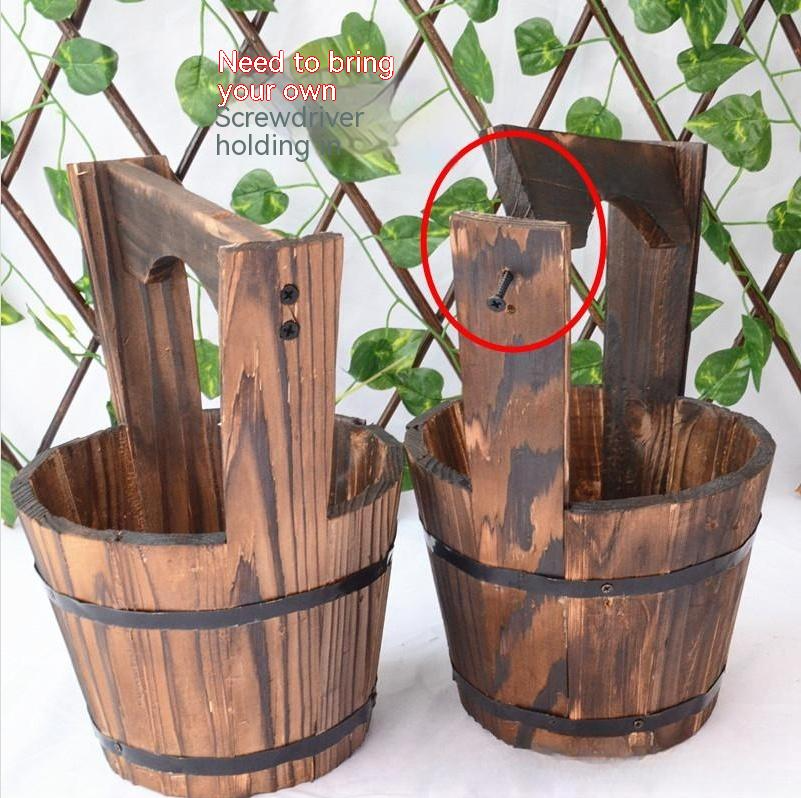 Wood Bucket Planter in Barrel Design for Garden and Patio - Decorative Wooden Flower Pots