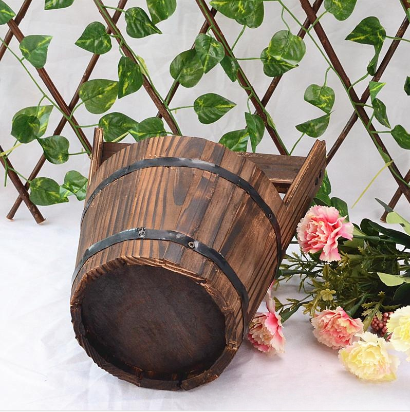 Wood Bucket Planter in Barrel Design for Garden and Patio - Decorative Wooden Flower Pots