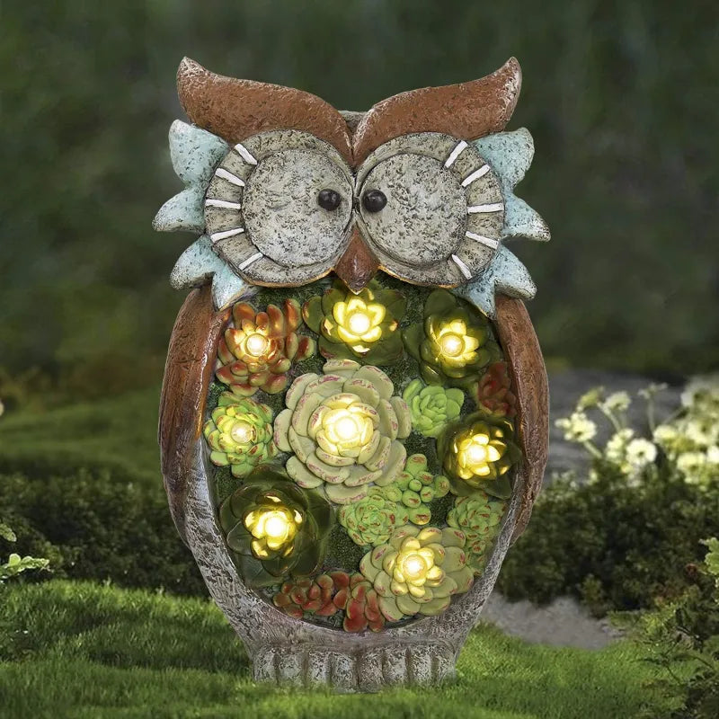 Solar Lantern Owl With Led - Decorative Garden Light With Succulents For Patio & Garden