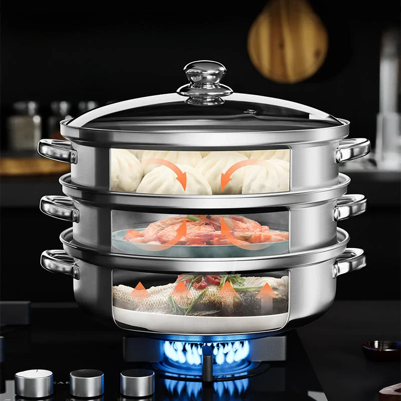 3 - Layer Stainless Steel Steamer with Glass Lid and Handles