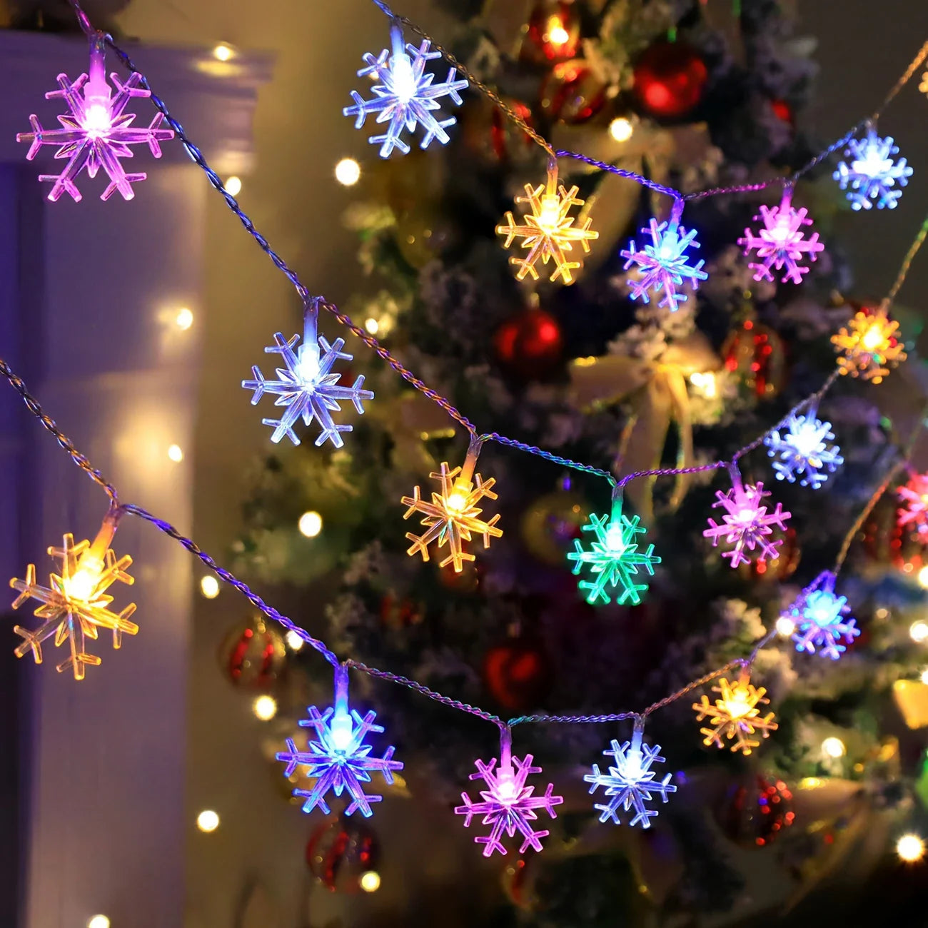 Led Snowflake Fairy Lights For Indoors And Outdoors - Decorative Lighting With Warm White Or Coloured Light