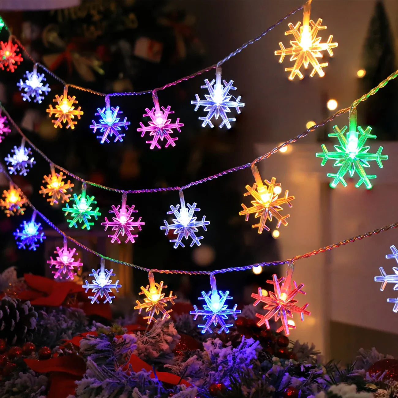 Led Snowflake Fairy Lights For Indoors And Outdoors - Decorative Lighting With Warm White Or Coloured Light