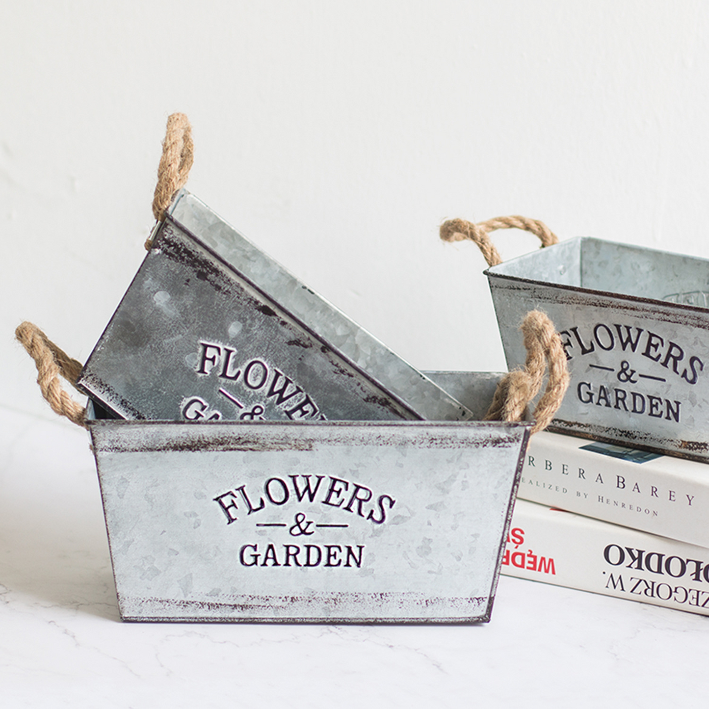 Decorative Metal Flower and Garden Container with Hemp Rope Handles