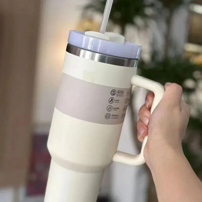Insulated Stainless Steel Travel Mug - 40 Oz Large Mug With Handle Leakproof Lid And Straw