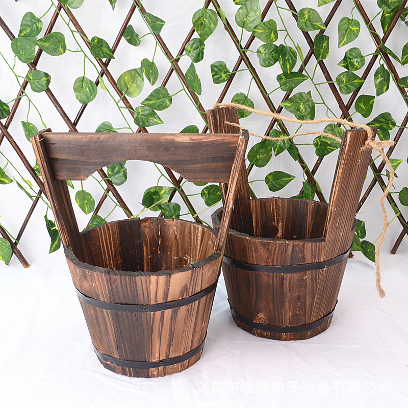 Wood Bucket Planter in Barrel Design for Garden and Patio - Decorative Wooden Flower Pots