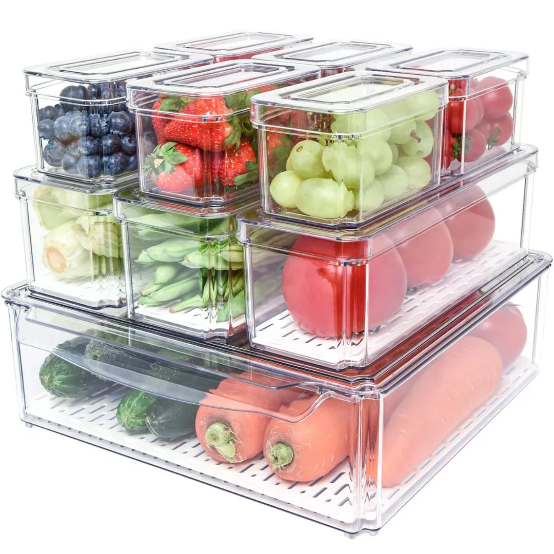 Stackable Refrigerator Organizer Set with 10 Storage Boxes