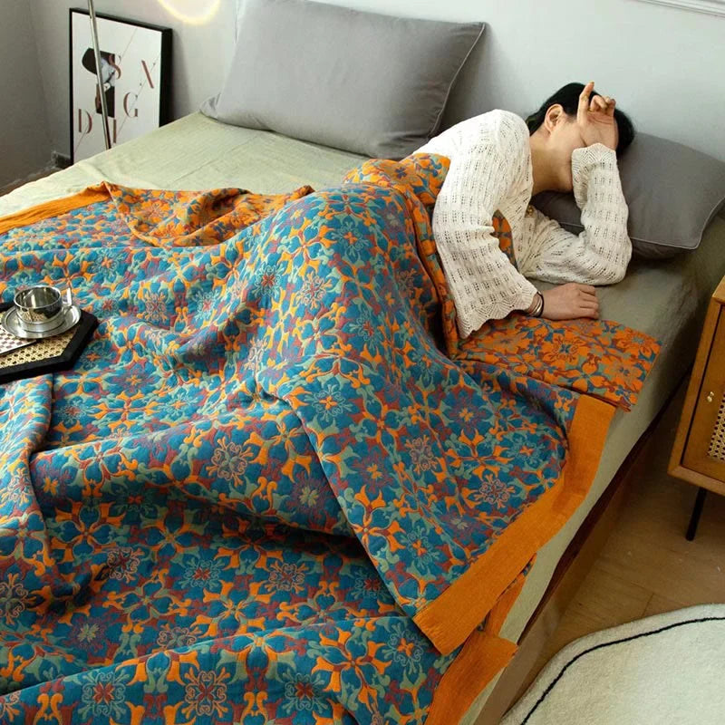 Six-layer Cotton Blanket With Orange-blue Pattern
