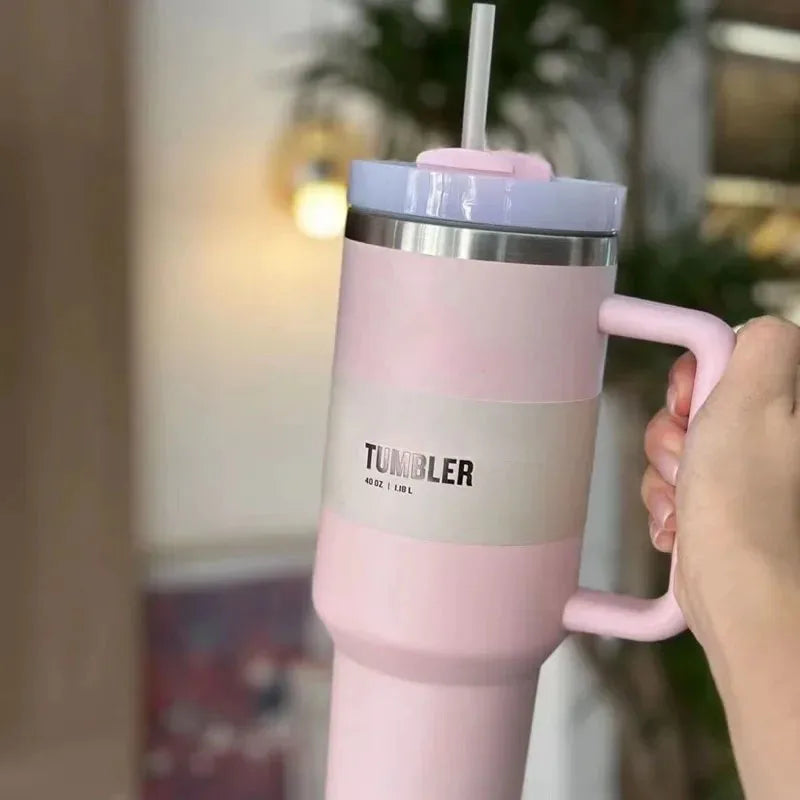 Insulated Stainless Steel Travel Mug - 40 Oz Large Mug With Handle Leakproof Lid And Straw