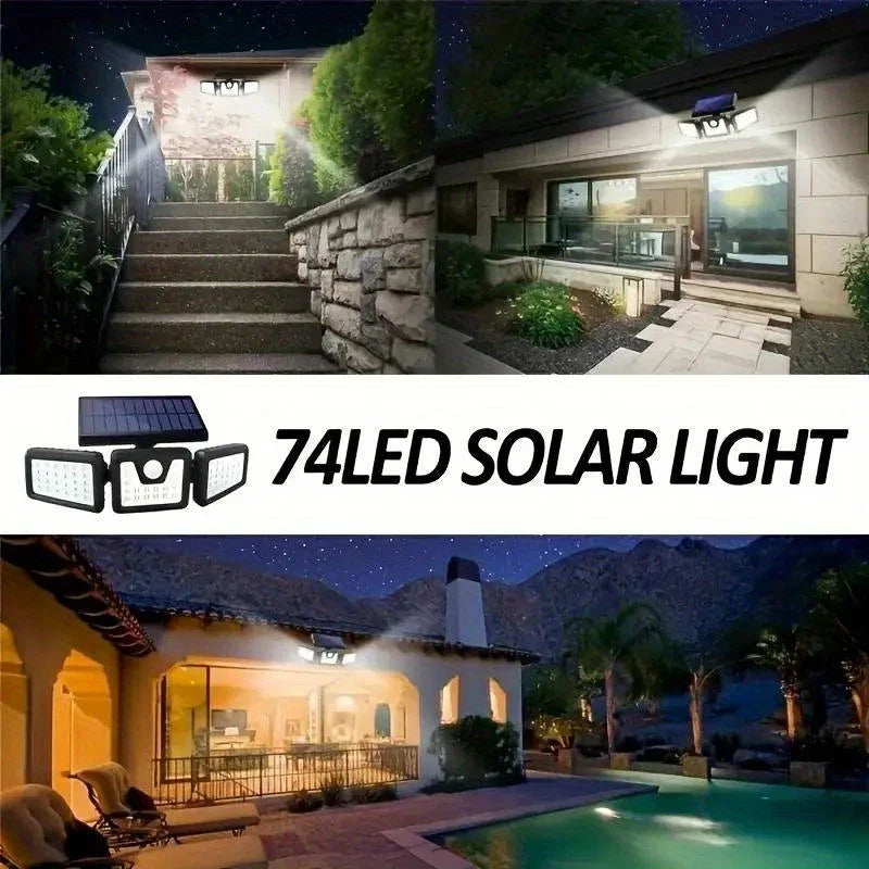 Solar Led Floodlight With Motion Detector - 3 - Spot Outdoor Lighting For Garden Yard And Garage