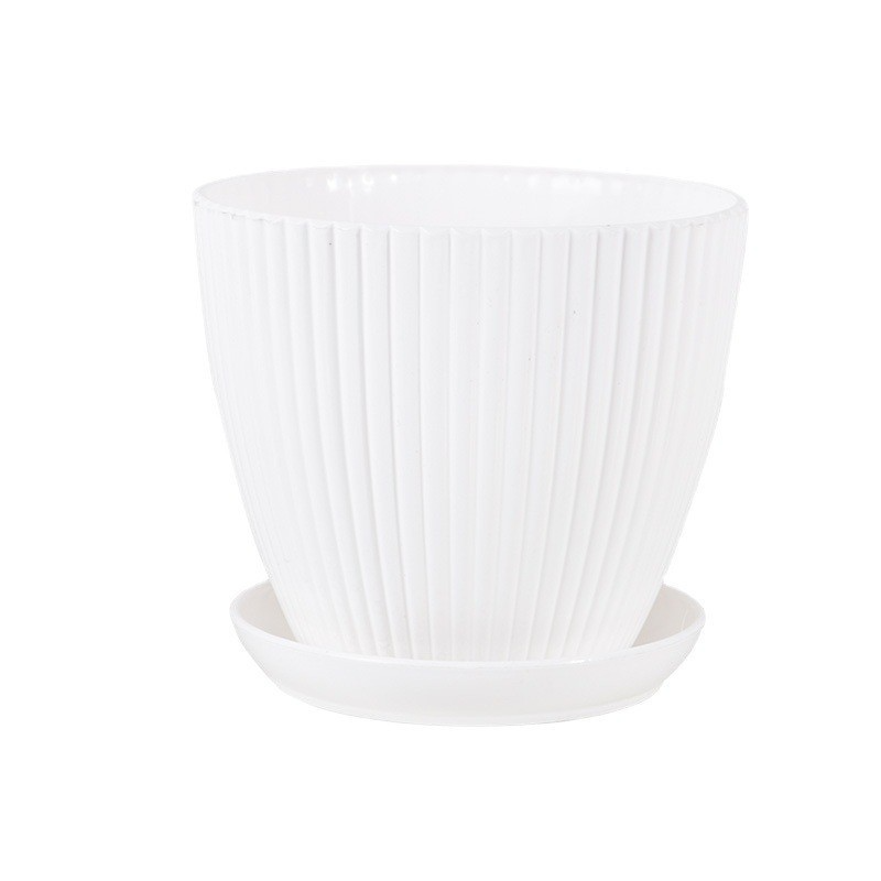Flower Pot with Grooved Structure and Saucer - Sturdy Plastic Pot for Plants