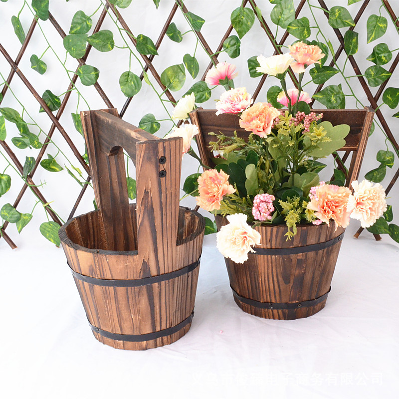 Wood Bucket Planter in Barrel Design for Garden and Patio - Decorative Wooden Flower Pots