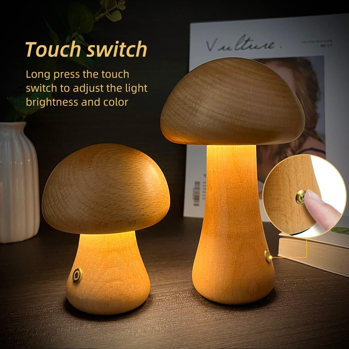 Wooden Mushroom Led Night Light - Charming Lamp in Natural Design for a Cosy Atmosphere