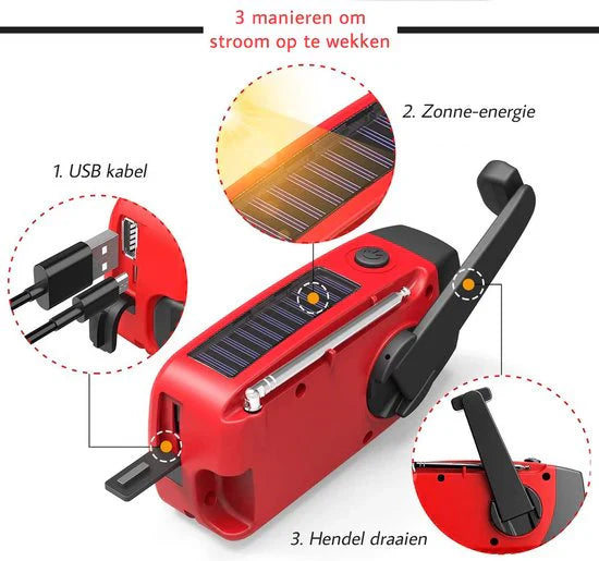 Emergency Solar Radio With Crank - Portable Dynamo Radio With Power Bank & LED Torch