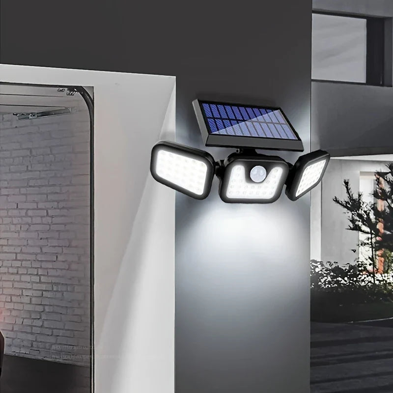 Solar Led Floodlight With Motion Detector - 3 - Spot Outdoor Lighting For Garden Yard And Garage