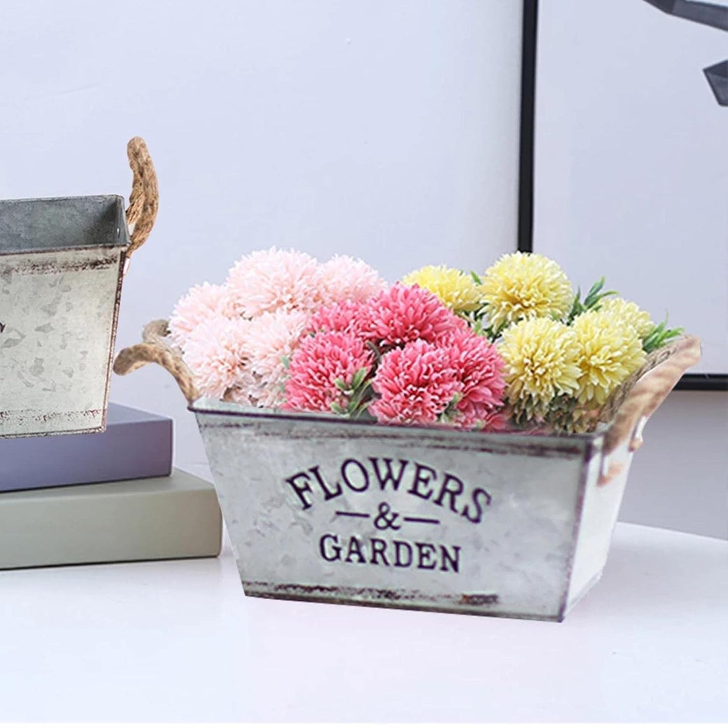 Decorative Metal Flower and Garden Container with Hemp Rope Handles