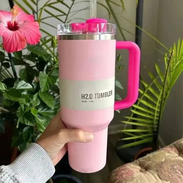 Insulated Stainless Steel Travel Mug - 40 Oz Large Mug With Handle Leakproof Lid And Straw