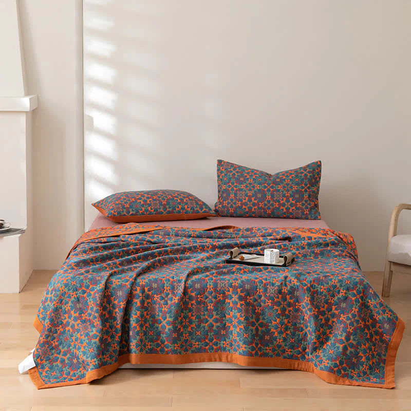 Six-layer Cotton Blanket With Orange-blue Pattern