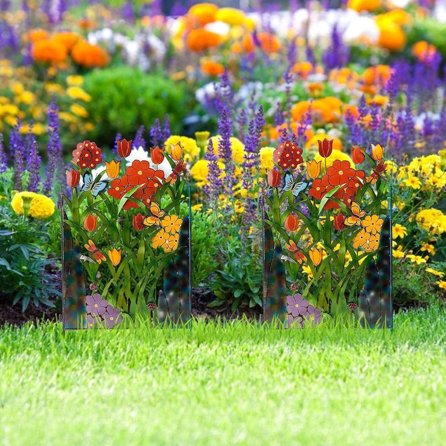 Colourful Garden Fence Decoration with Flowers and Butterflies - Metal Fence for Garden and Patio