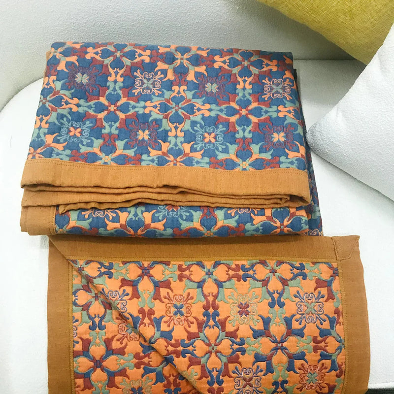Six-layer Cotton Blanket With Orange-blue Pattern