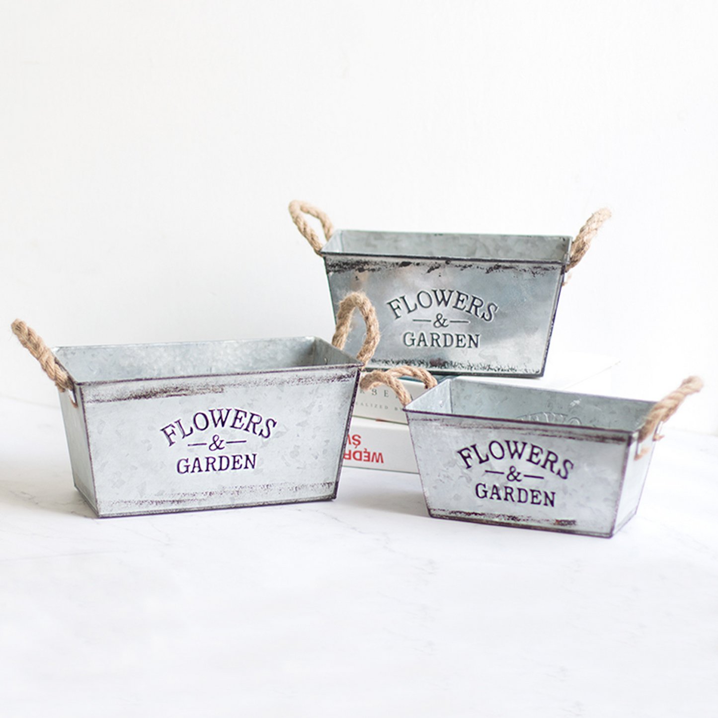 Decorative Metal Flower and Garden Container with Hemp Rope Handles