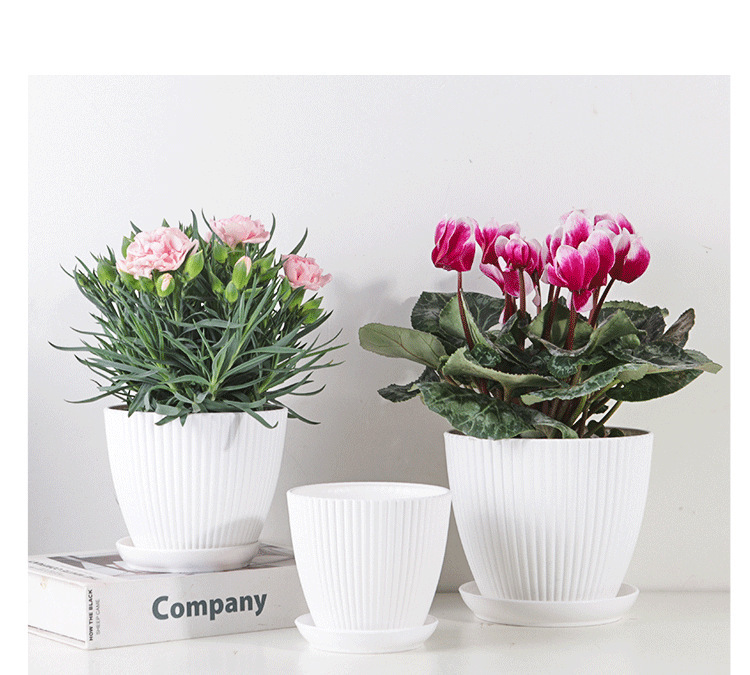 Flower Pot with Grooved Structure and Saucer - Sturdy Plastic Pot for Plants
