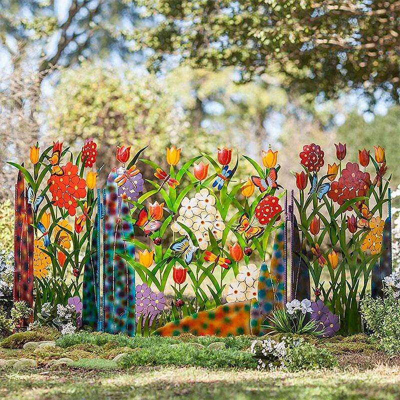 Colourful Garden Fence Decoration with Flowers and Butterflies - Metal Fence for Garden and Patio
