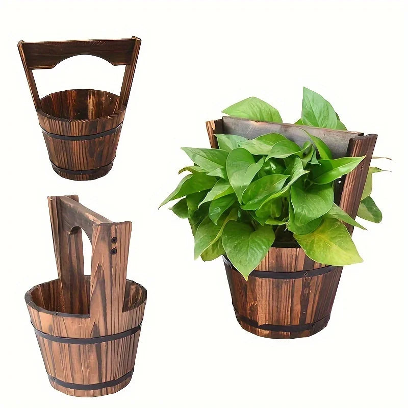 Wood Bucket Planter in Barrel Design for Garden and Patio - Decorative Wooden Flower Pots