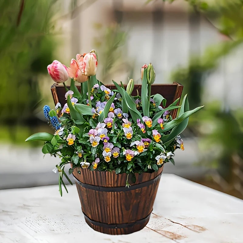 Wood Bucket Planter in Barrel Design for Garden and Patio - Decorative Wooden Flower Pots