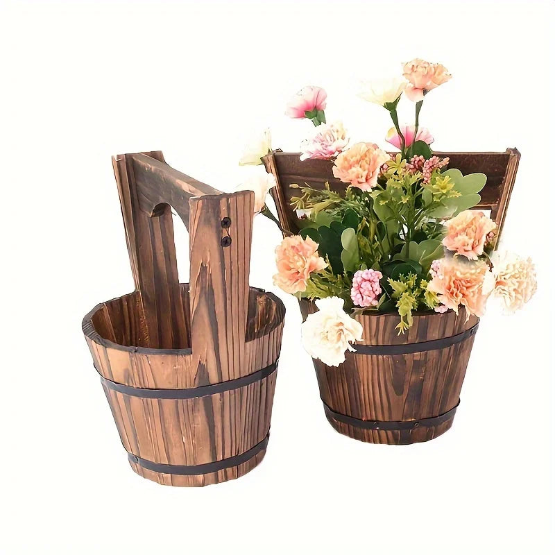 Wood Bucket Planter in Barrel Design for Garden and Patio - Decorative Wooden Flower Pots