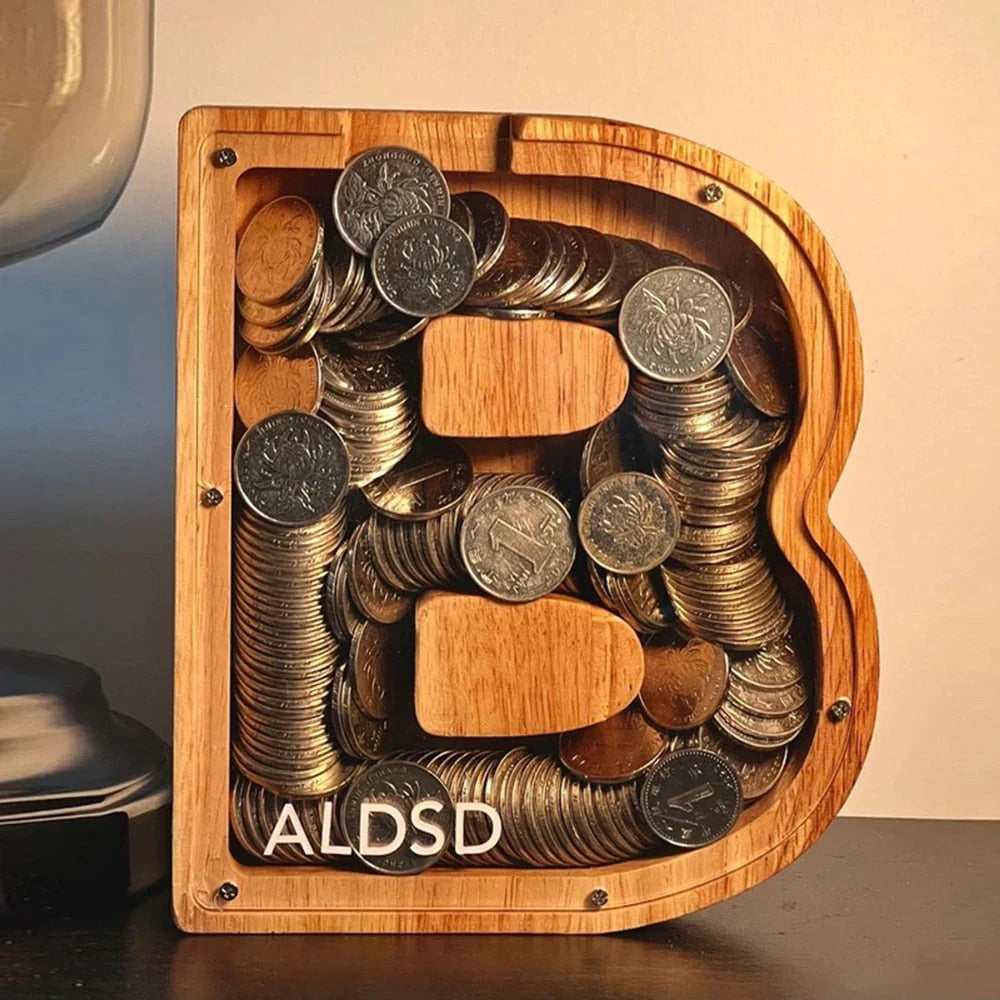 Wooden Alphabet Piggy Bank With Transparent Viewing Window For Stylish Saving