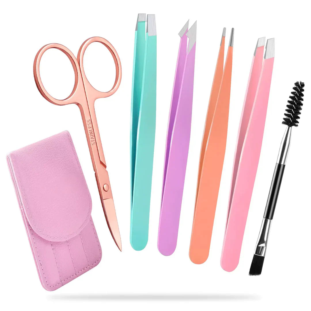 Precision Tweezers Set - 6-piece Eyebrow Kit With Travel Case