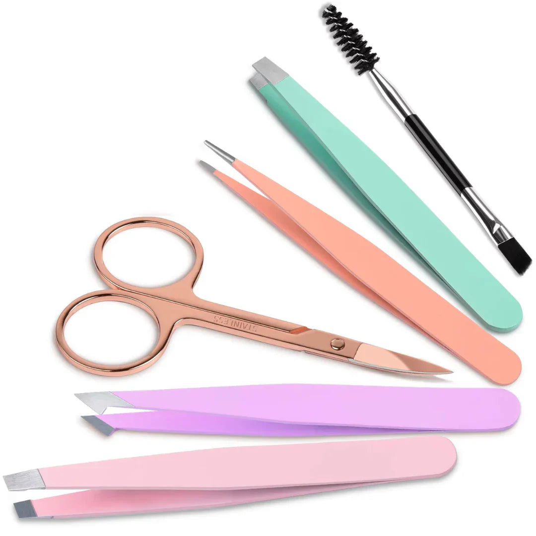Precision Tweezers Set - 6-piece Eyebrow Kit With Travel Case