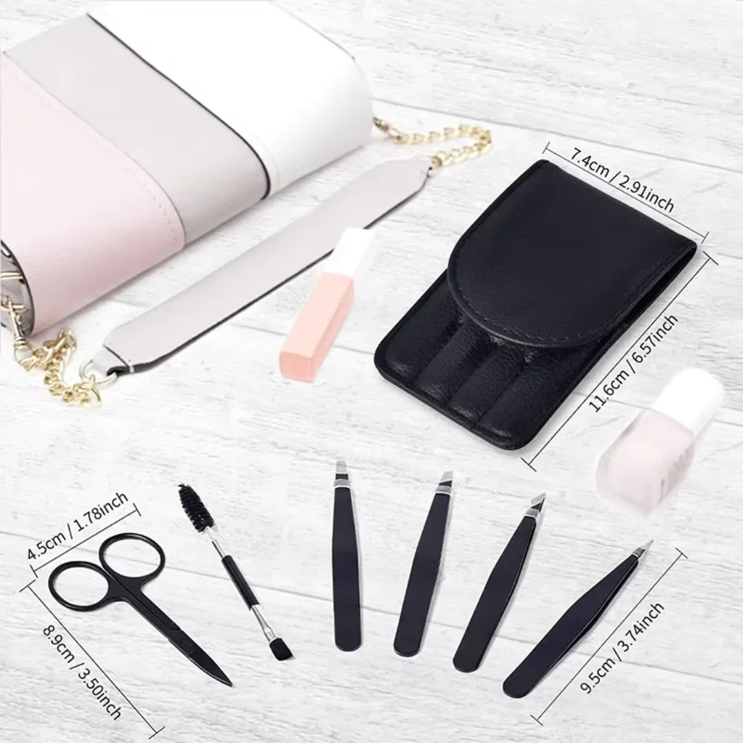 Precision Tweezers Set - 6-piece Eyebrow Kit With Travel Case