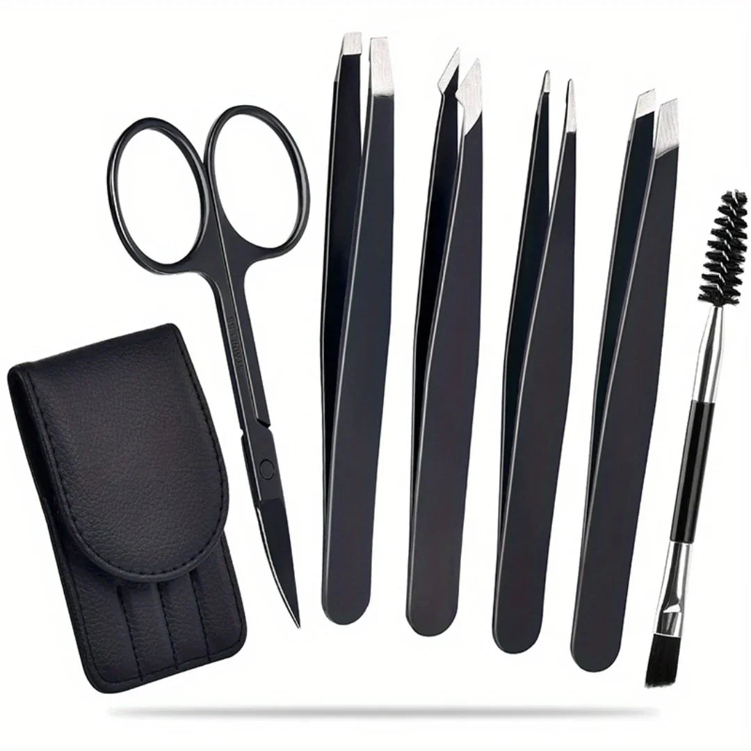 Precision Tweezers Set - 6-piece Eyebrow Kit With Travel Case