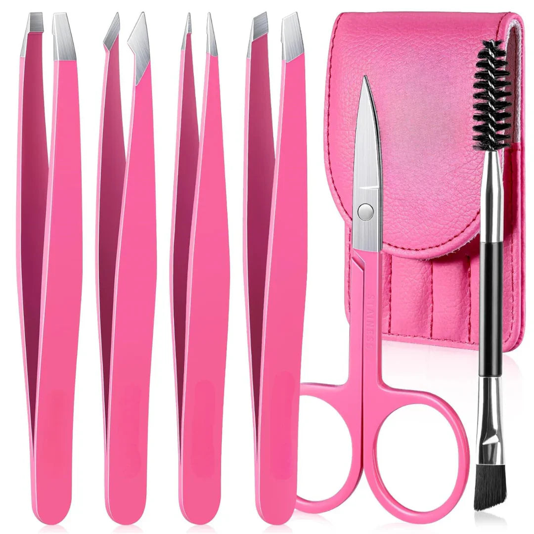 Precision Tweezers Set - 6-piece Eyebrow Kit With Travel Case