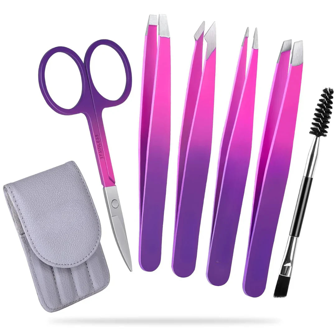 Precision Tweezers Set - 6-piece Eyebrow Kit With Travel Case