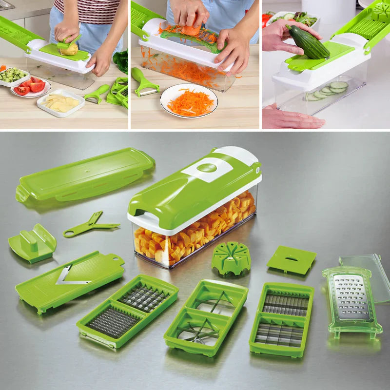 12 - In-1 Multifunctional Vegetable Slicer with Interchangeable Blades and Collection Container