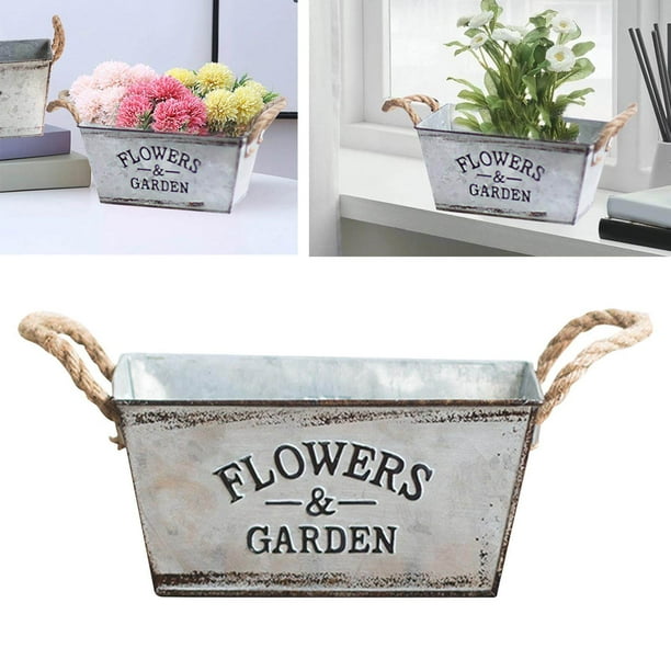 Decorative Metal Flower and Garden Container with Hemp Rope Handles