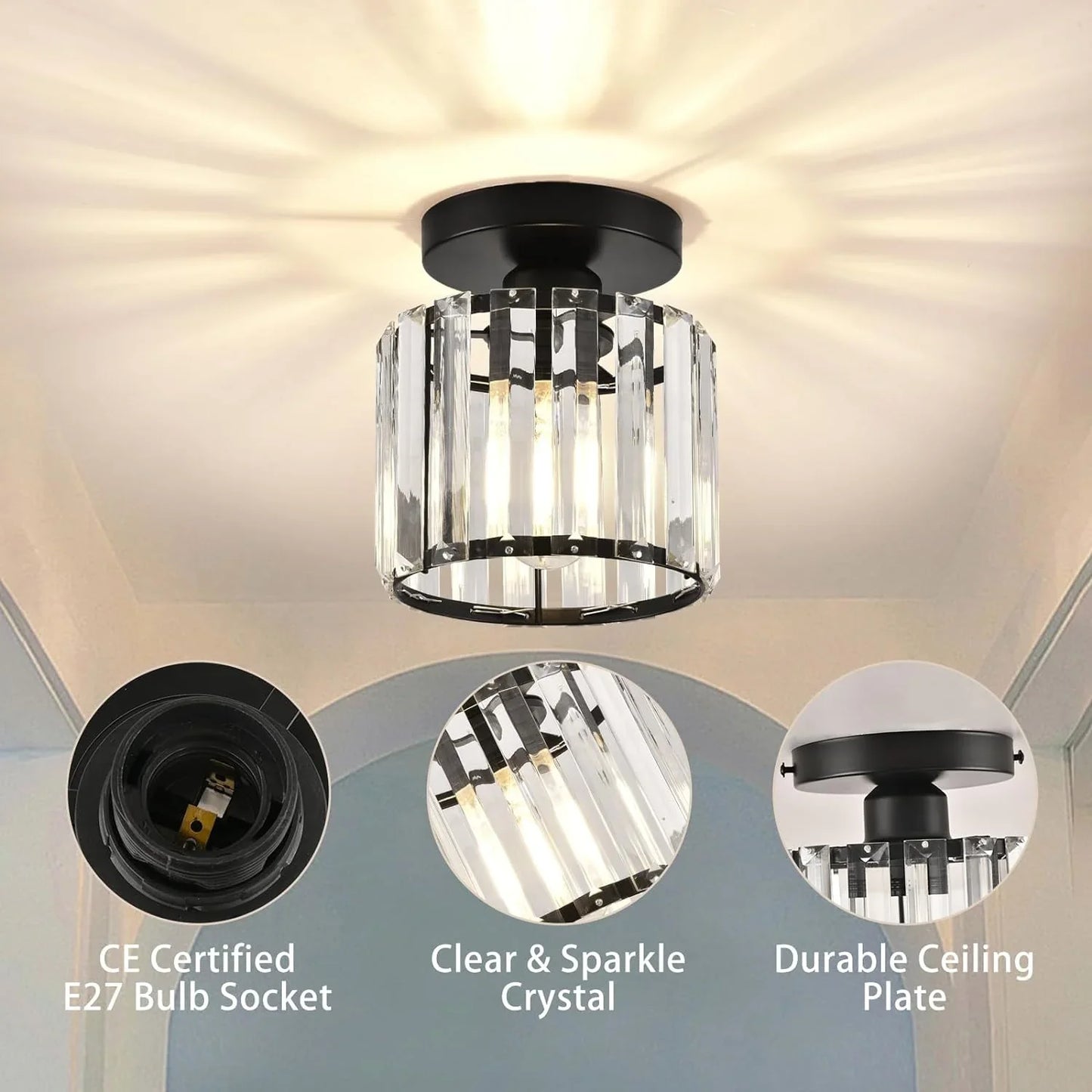 Modern Crystal Ceiling Light with Gold and Black Accents - Stylish Lighting for Your Home