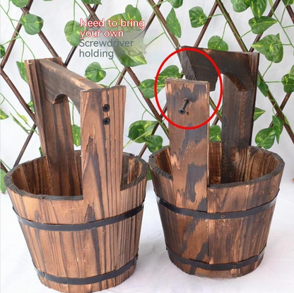 Wood Bucket Planter in Barrel Design for Garden and Patio - Decorative Wooden Flower Pots