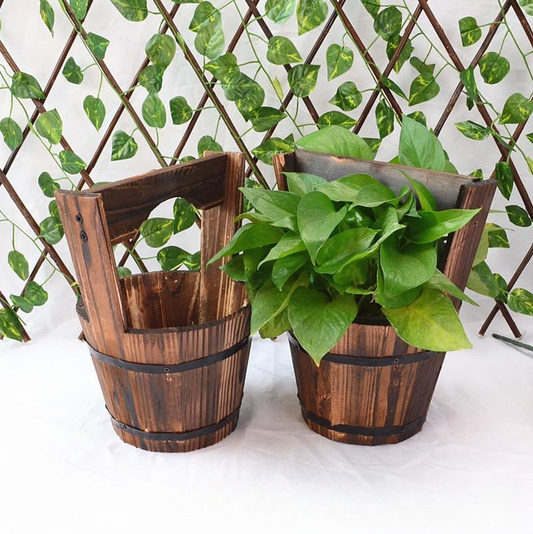 Wood Bucket Planter in Barrel Design for Garden and Patio - Decorative Wooden Flower Pots