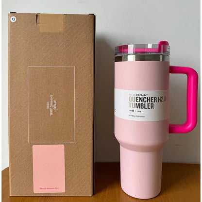 Insulated Stainless Steel Travel Mug - 40 Oz Large Mug With Handle Leakproof Lid And Straw