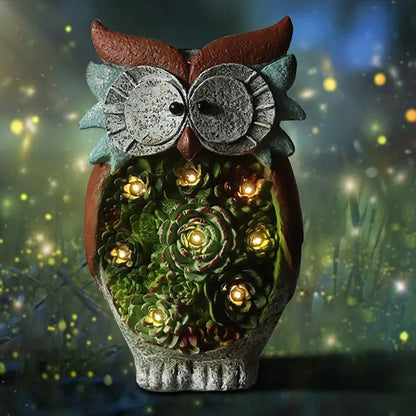 Solar Lantern Owl With Led - Decorative Garden Light With Succulents For Patio & Garden