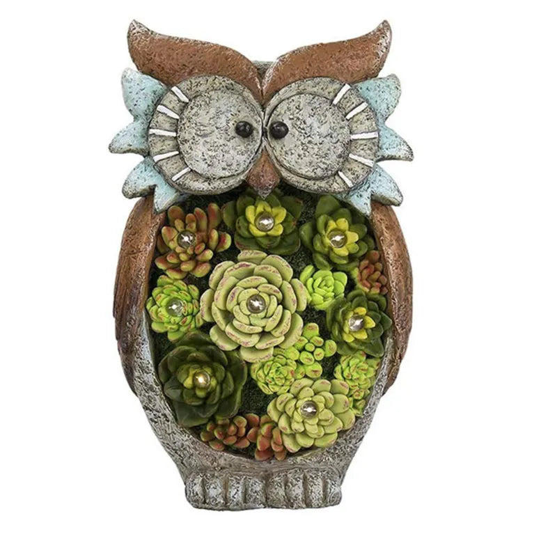 Solar Lantern Owl With Led - Decorative Garden Light With Succulents For Patio & Garden