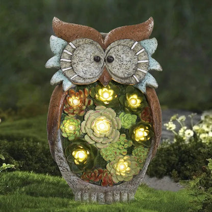 Solar Lantern Owl With Led - Decorative Garden Light With Succulents For Patio & Garden