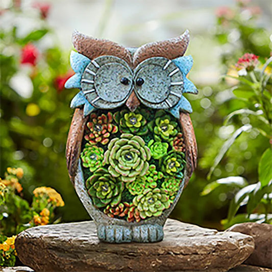 Solar Lantern Owl With Led - Decorative Garden Light With Succulents For Patio & Garden