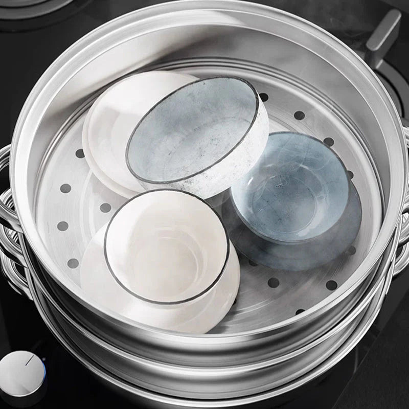 3 - Layer Stainless Steel Steamer with Glass Lid and Handles