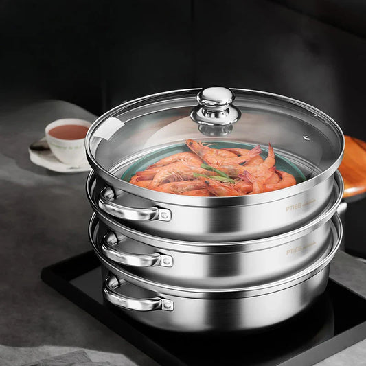 3 - Layer Stainless Steel Steamer with Glass Lid and Handles