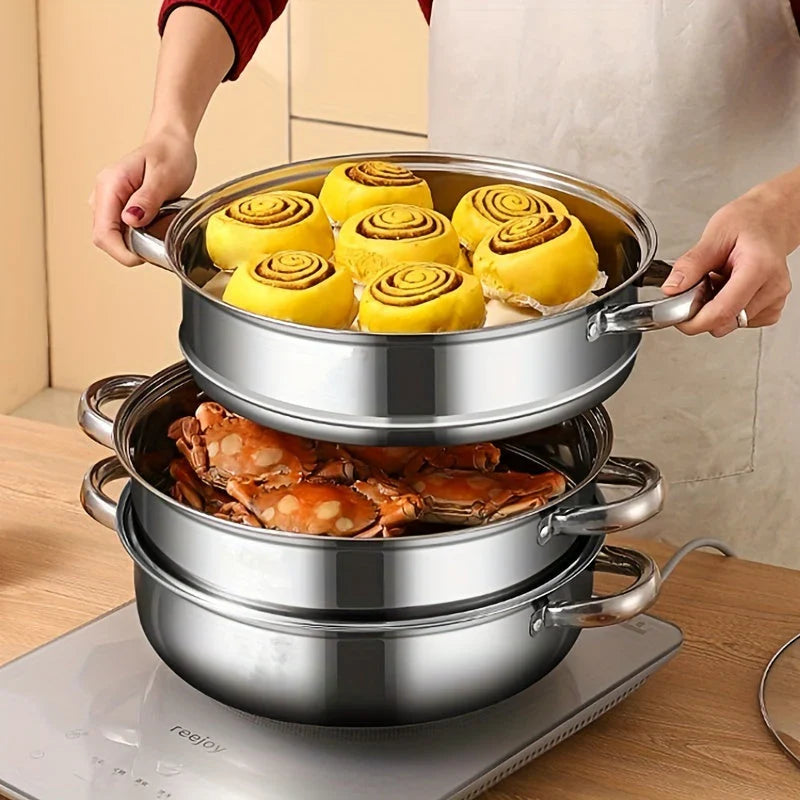 3 - Layer Stainless Steel Steamer with Glass Lid and Handles