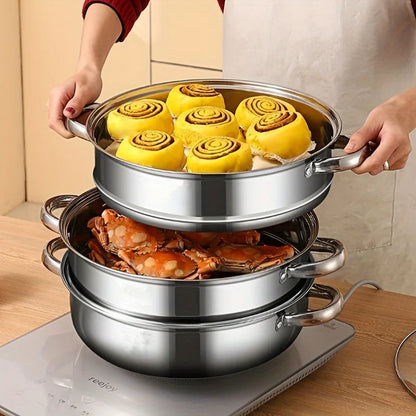 3 - Layer Stainless Steel Steamer with Glass Lid and Handles